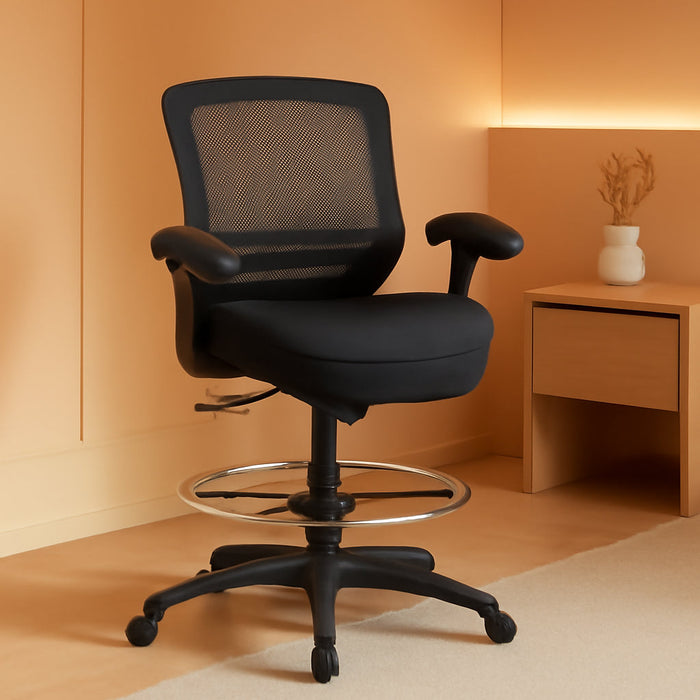 400Lbs Mid Back Mesh Ergonomic Drafting Chair Big Adjustable Foot Ring Height Adjustable Armrest (Black) ﻿