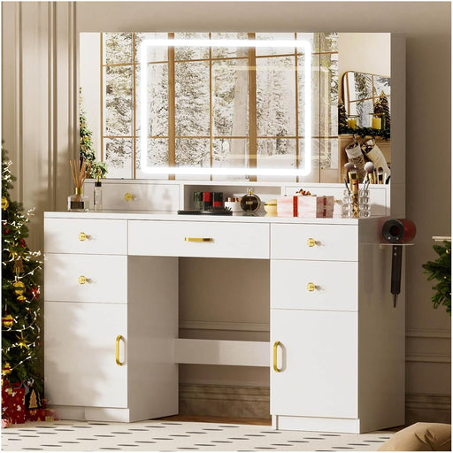 Makeup Vanity Desk with Lights & 3 Way Mirror, Large Girls Vanity Table Set with Charging Station, 3 Lighting Modes & 360° View Mirror, 9 Drawers Dresser for Bedroom, White