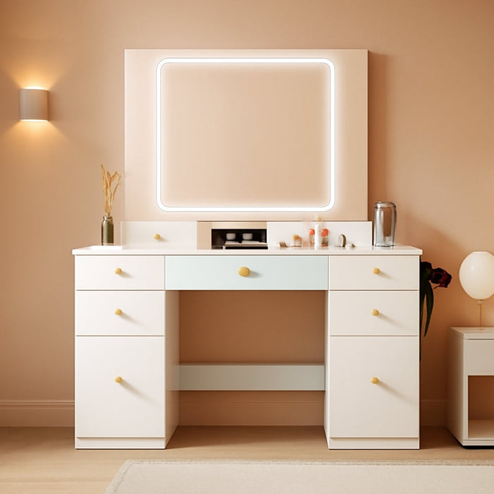 Makeup Vanity Desk with Lights & 3 Way Mirror, Large Girls Vanity Table Set with Charging Station, 3 Lighting Modes & 360° View Mirror, 9 Drawers Dresser for Bedroom, White