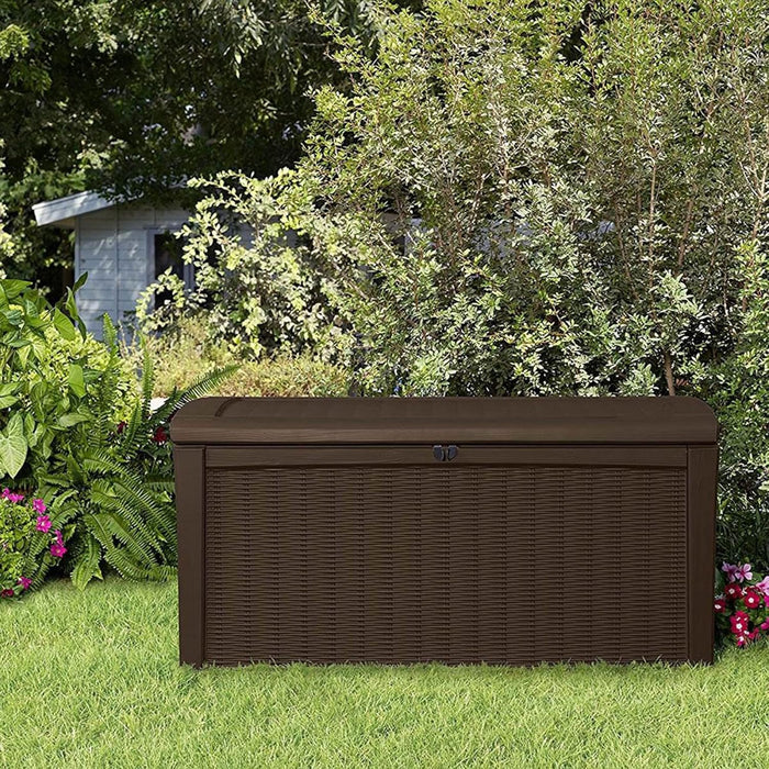 Outdoor Storage Deck Box, for Patio, Backyard & Garden, Borneo, 110 Gallon, Brown - Lockable, Organizing, and Waterproof Plastic Container Bench