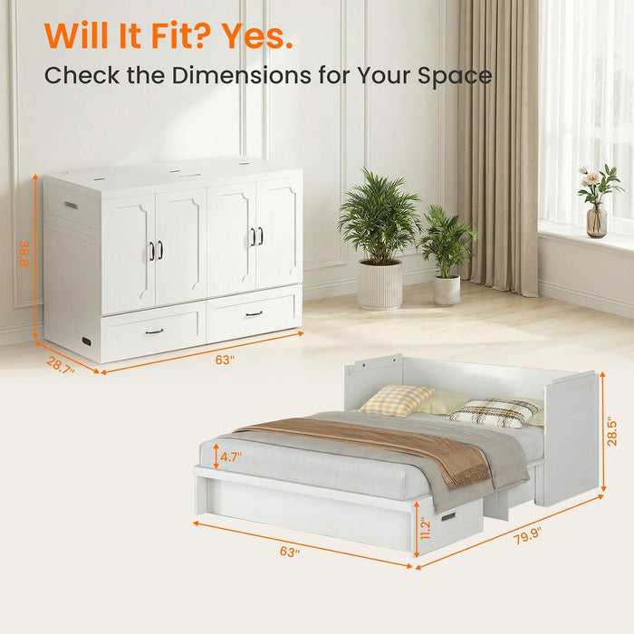 Queen Murphy Bed With Mattress White StorageDrawer