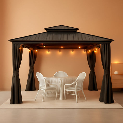 12'X12' Hardtop Gazebo with Lights Heavy Duty Outdoor Patio Gazebo Double Roof Galvanized Steel Including Netting and Curtains for Garden Lawn Backyard Grey