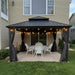 12'X12' Hardtop Gazebo with Lights Heavy Duty Outdoor Patio Gazebo Double Roof Galvanized Steel Including Netting and Curtains for Garden Lawn Backyard Grey