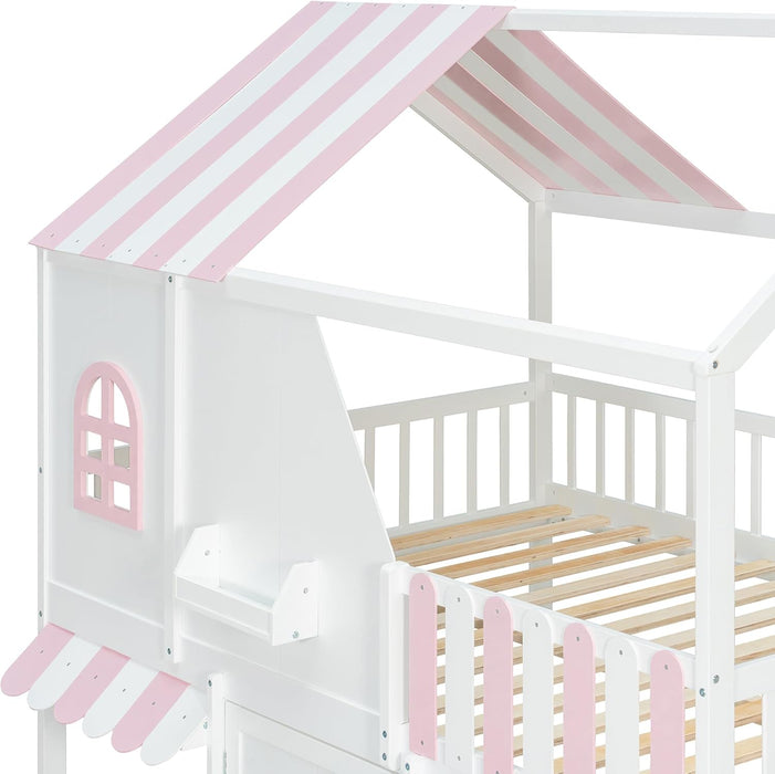 Full Over Full Bunk Bed White IntegratedStorageStaircase