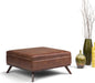 Owen 36 Inch Wide Mid Century Modern Square Coffee Table Storage Ottoman in Distressed Saddle Brown Vegan Faux Leather, Assembled, for the Living Room, Entryway and Family Room