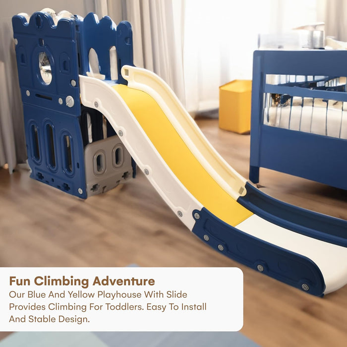 Playhouse with Slide and L-Stair - Basketball Hoop Indoor or Outdoor Playground Set for Toddlers - Handrail, Baby Climber Playset Playground Freestanding Slide - Blue & Yellow