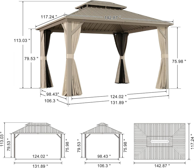 10x12 Outdoor Gazebo Aluminum Champagne Hardtop Curtains