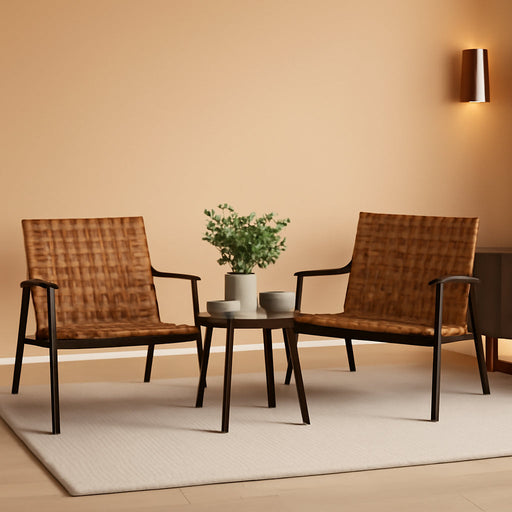 Outdoor Bistro Set 3 Pieces Leather-Look Wicker Patio Chairs Set Powder Coated Aluminum Frame with Outdoor Chairs Set of 2 and Side Table for Garden Backyard Balcony Brown