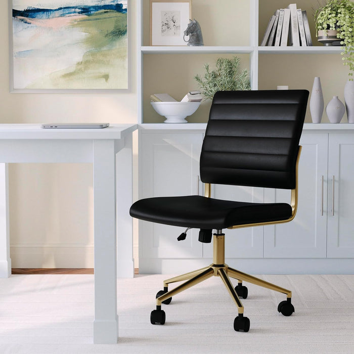 Ivy Armless Swivel Task Chair for Home Office in Black Faux Leather with Polished Brass Frame