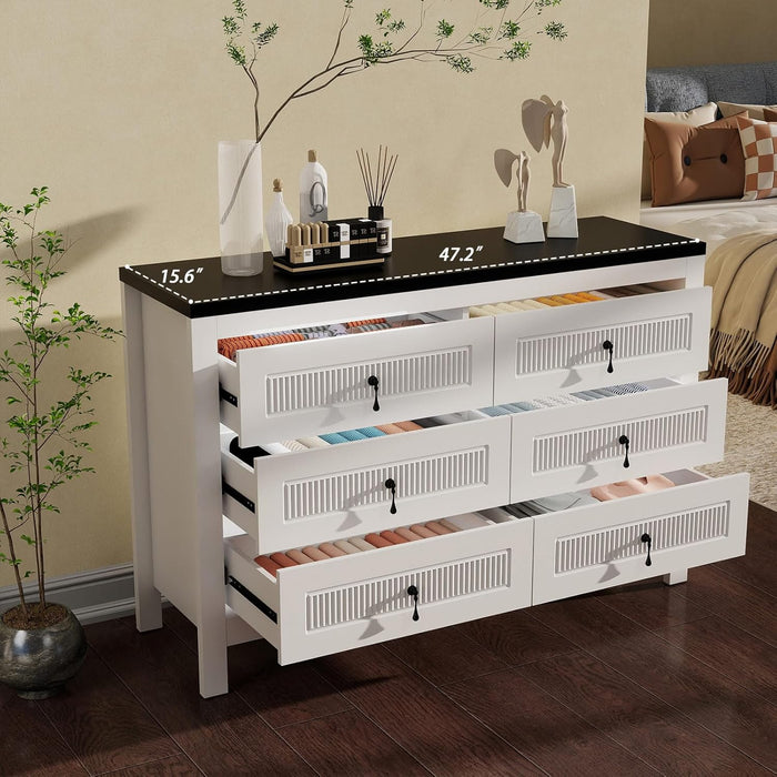 White Dresser for Bedroom Modern: 47" Wide 6 Drawer Dresser with Deep Drawers, Large Chest of Drawers with Metal Handles, Wood Dressers for Living Room, Hallway