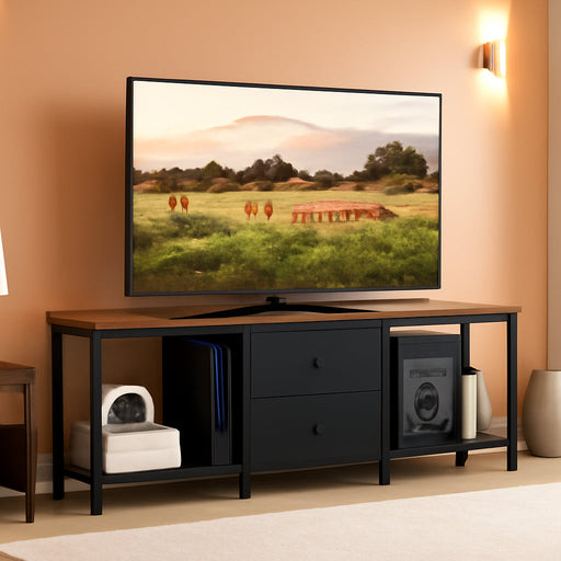 TV Stand for Tvs up to 55", Entertainment Center with 2 Fabric Drawer, Media Console with Shelves, Television Stands for Living Room, Bedroom, Rustic Brown and Black DS02BR