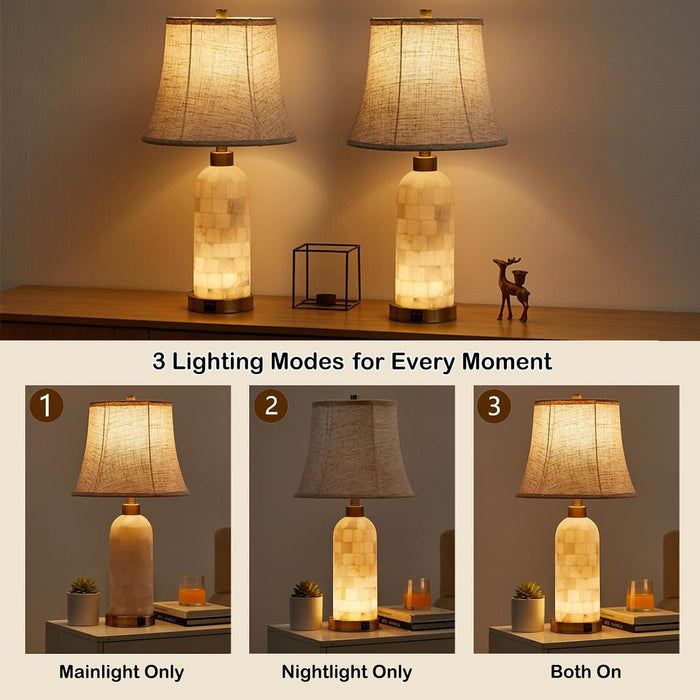 25" Natural Alabaster Table Lamps Set of 2 with LED Night Light