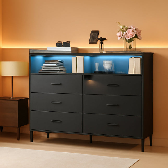 Black Dresser for Bedroom LED 6 Drawer Dresser Fabric Vertical Storagetower