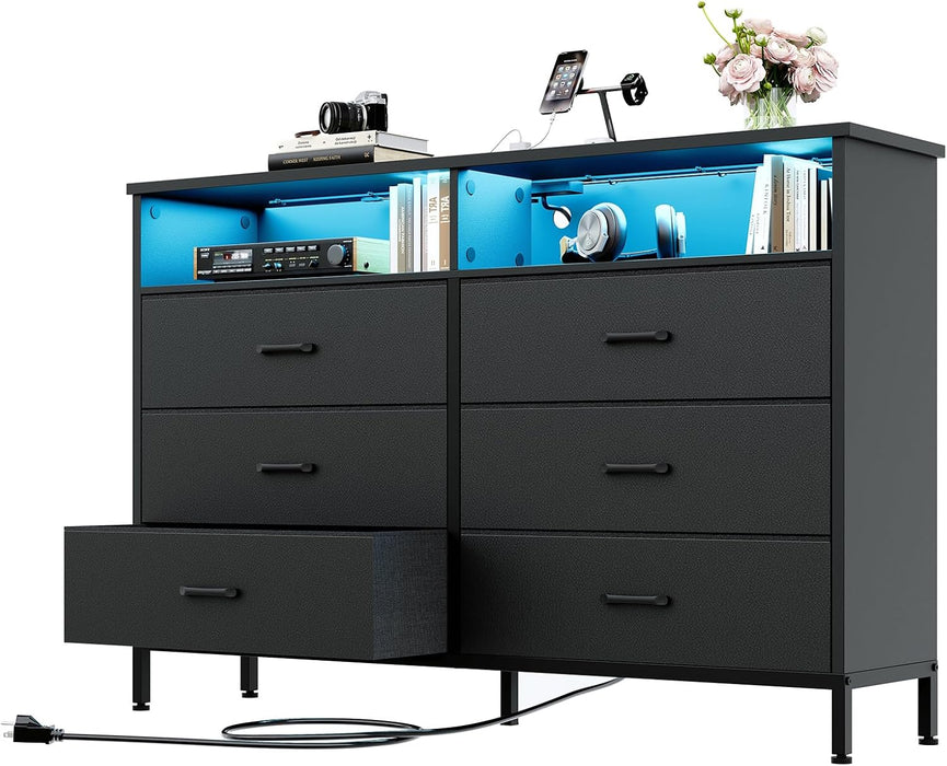 Black Dresser for Bedroom LED 6 Drawer Dresser Fabric Vertical Storagetower