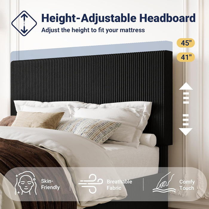 Full Bed Frame, Upholstered Platform Bed, Adjustable Vertical Channel Tufted Headboard, Corduroy Fabric, Modern Low Profile, Wooden Slats, No Box Spring Needed, Easy Assembly, Black