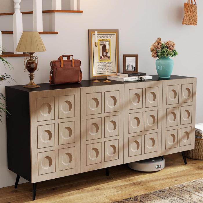 Sideboard Buffet Cabinet with Storage: 63" Oak and Black Buffet Cabinet with 4 Doors, Fluted Credenza Storage Cabinets, Mid Century Modern Sideboard for Living Room (Black & Oak)