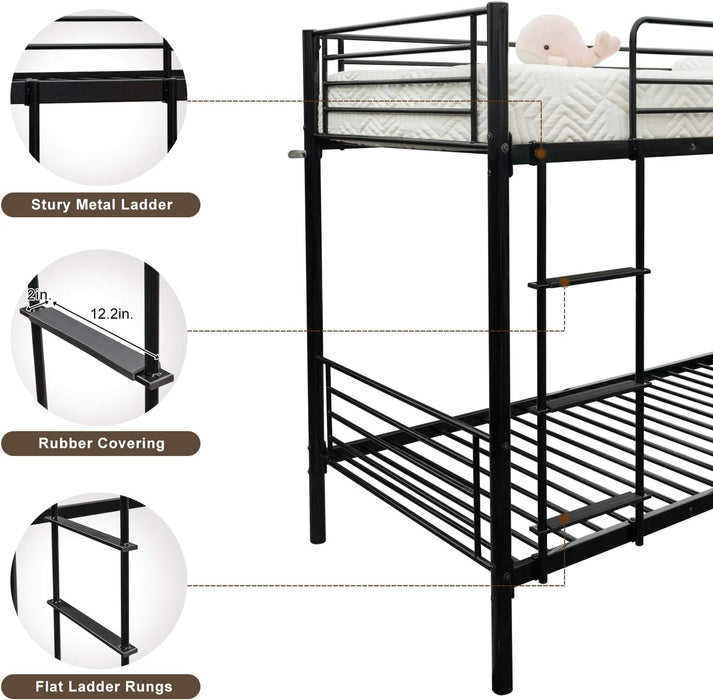 Bunk Bed Twin over Twin for Kids/Teens/Adults Heavy Duty Bunk Bed with Flat Ladder and 13 Inches High Guardrail, Metal Bunk Bed with Stairs, Black