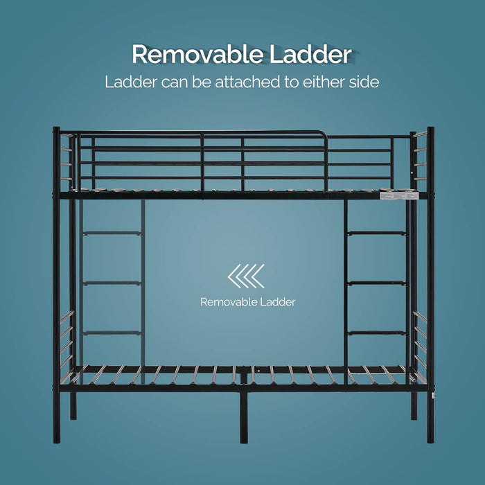 Bunk Bed Twin over Twin for Kids/Teens/Adults Heavy Duty Bunk Bed with Flat Ladder and 13 Inches High Guardrail, Metal Bunk Bed with Stairs, Black