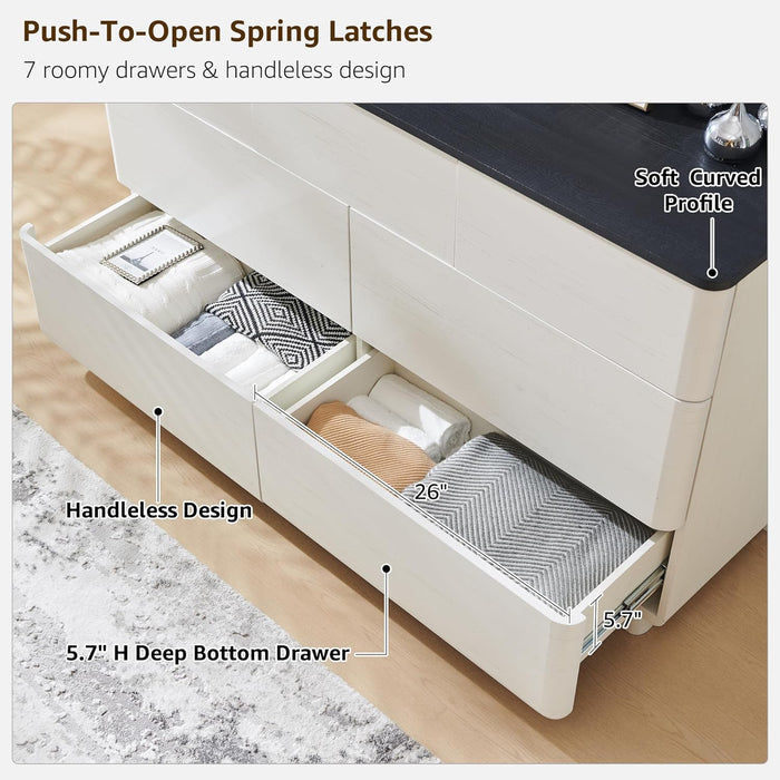 Modern 7 Drawer Dresser for Bedroom, 52" Wide Handleless Chest of Drawers, Large Push-To-Open Wood Storage, Dresser TV Stand for Bedroom, Living Room, Hallway, Curved Profile, off White