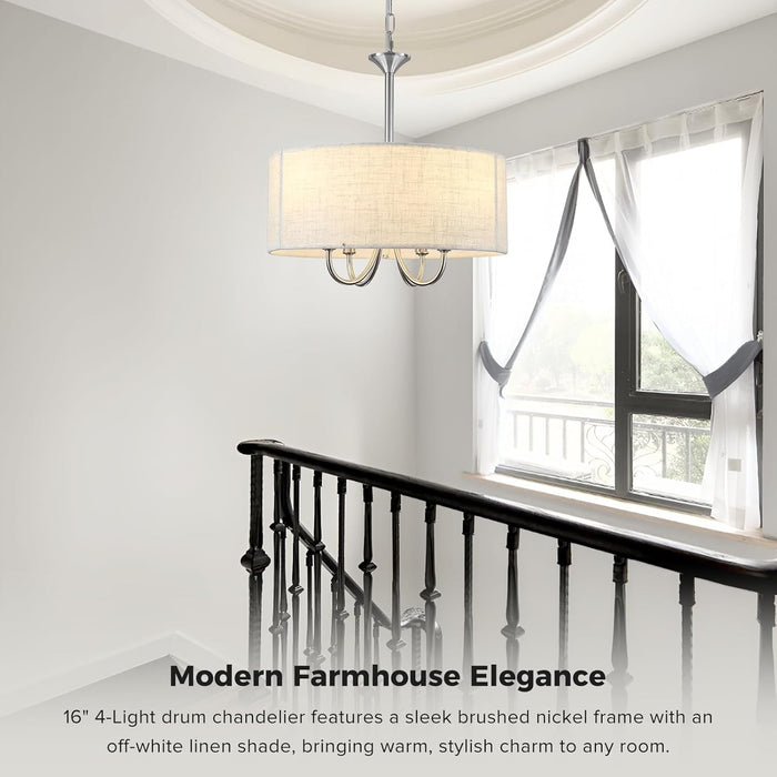 Brushed Nickel Drum Chandelier 16-Inch Linen Shade