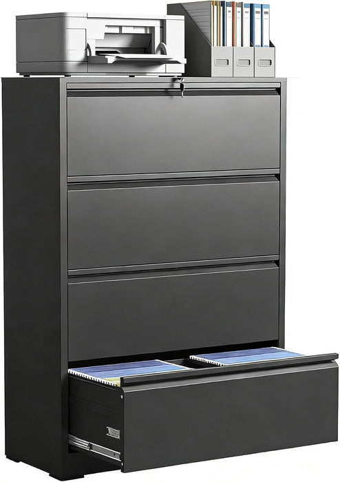 4 Drawer Lateral File Cabinet with Lock, Heavy Duty Wide Steel Filing Cabinet for Home Office, 36" W Horizontal Storage Cabinet for Letter/Legal/A4/F4 Hanging Files, Easy Assembly (Black)
