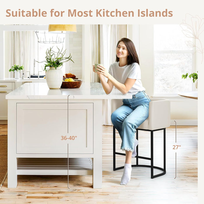27" H Counter Height Bar Stools, Modern Barrel Counter Stools with Backrest and Arms, Black Metal Frames, Faux Leather Upholstered Accent Barstools for Kitchen Island, Antique White