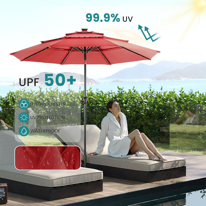 10Ft Solar Patio Umbrella with 32 LED Lights, Table Market Umbrella with Tilt Adjustment & Crank Lift, Outdoor Sun Shelter for Garden, Deck, Backyard, Pool and Beach