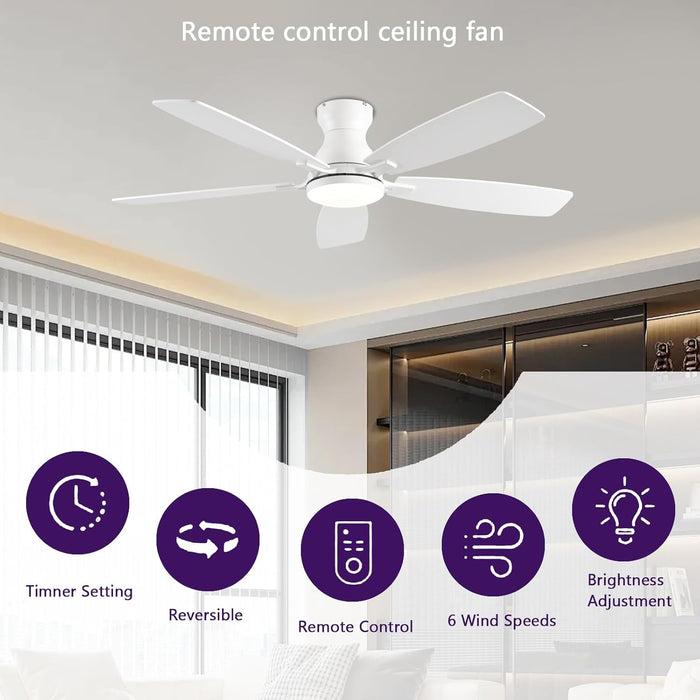 52Inch Ceiling Fans with Lights, Low Profile Ceiling Fan with Light and Remote Control/App Control, DC Reversible Motor, Noiseless, Flush Mount White Ceiling Fan for Bedroom, Indoor/Outdoor Use