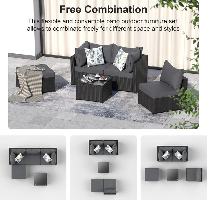 Patio Furniture Set, 5PCS Outdoor Conversation Sets Waterproof Rattan Sectional Sofa with 4” Thickened Cushion Modular Wicker Patio Furniture Set with Glass Top Table for Balcony, Backyard (Grey)