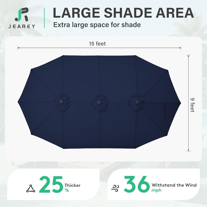 15Ft Large Patio Umbrella with Base, Outdoor Rectangle Umbrella Double-Sided Market Umbrella with Stand for Pool, Deck, Backyard and Garden, Navy