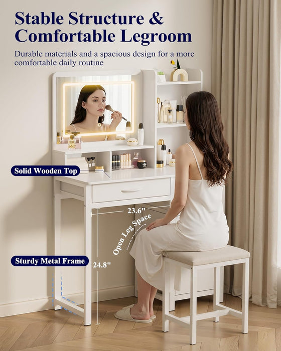 White Vanity Table With Illuminated Mirror Drawers