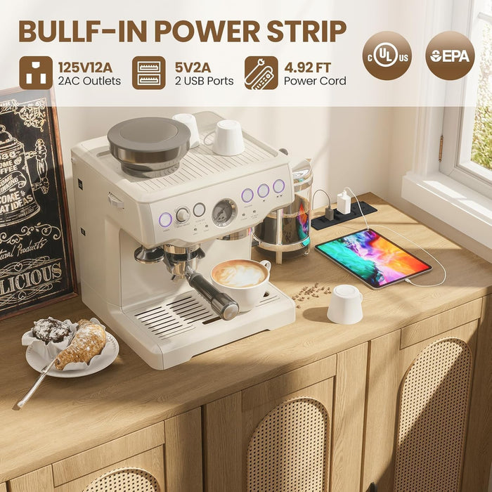 Rattan Sideboard Buffet Cabinet, Wooden Side Board Accent Buffet with Power Outlet, Wood Sideboard with 4 Doors, BOHO Cabinet for Entryway, Hallway, Dining Room, Living Room, Coffee Bar (Wood)