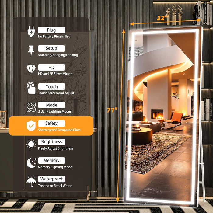 Full Length Mirror with Lights, 71" X 32" LED Lighted Floor Standing, Full Body Dressing Hanging Mounted Mirror, Dimmable, Tempered Glass, Safe to Use, Square White