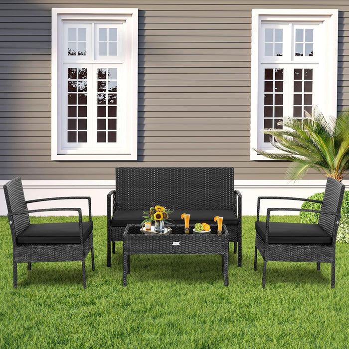 4 Piece Patio Rattan Conversation Set, Outdoor Wicker Furniture Set W/Glass Coffee Table, Solid Steel Structure, Ergonomic Seat, Suitable for Garden, Courtyard, Balcony, Poolside