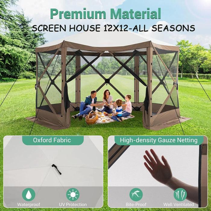 12X12 Pop up Canopy Gazebo, Outdoor Canopy Tent Screen House with 6 Sidewalls and Netting for Camping, Waterproof, UV Resistant, Ez Set-Up Party Tent with Carrying Bag and Ground Stakes,Brown