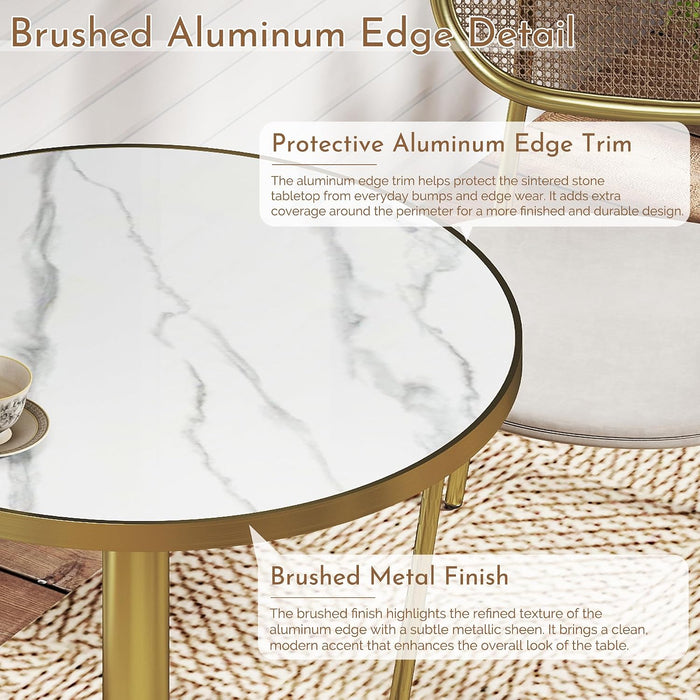 31.5" Circle Tulip Table with Sintered Stone Tabletop, Gold Edge & Pedestal | Modern round Dining Table, Leisure Bistro Table for Kitchen, Small Places, Living Room, Cafe, Restaurant (Snow Peak Marble)