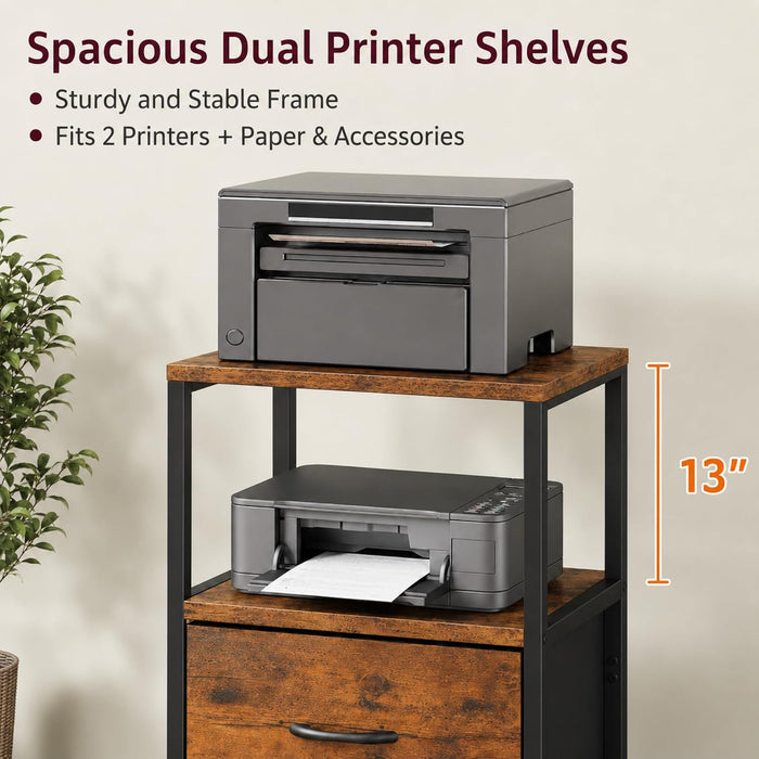 3 Drawer Rolling File Cabinet with Dual Printer Stand, 51" Tall