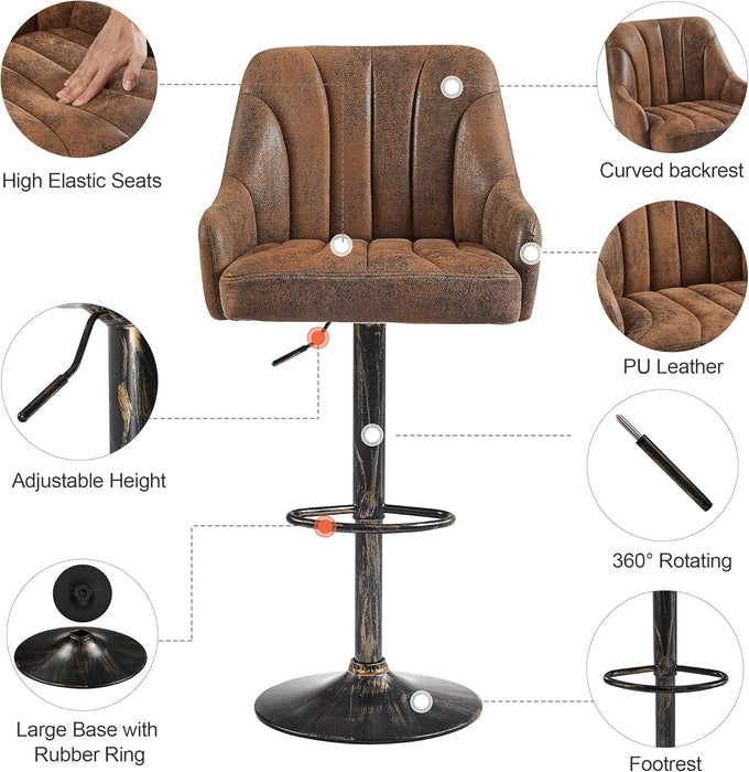 Bar Stools Set of 4, Adjustable Barstools, Counter Height Stools with Back and Arm, Kitchen Island Stools, Swivel PU Chairs for Pub, Dining Room, Industrial Style, Dark Brown