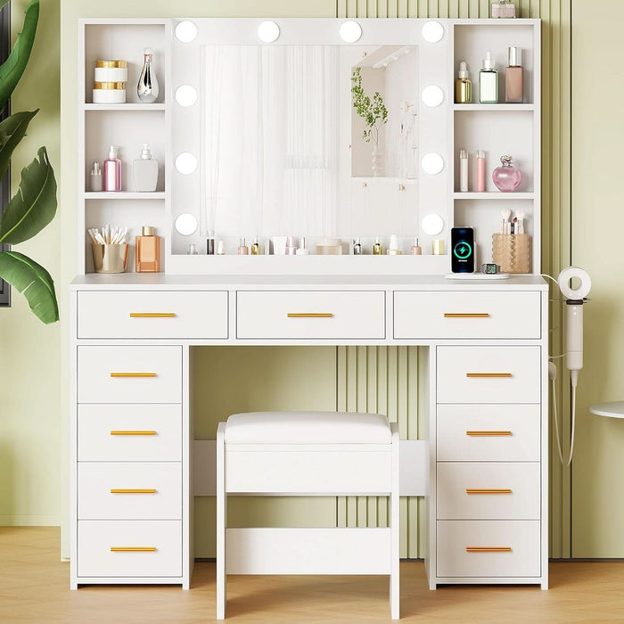 Makeup Vanity Desk with Mirror and Lights White Vanity Desk with Power Outlet 11 Drawers 9 Shelves 3 Color Lighting Modes Vanity for Bedroom Women UBDT86W