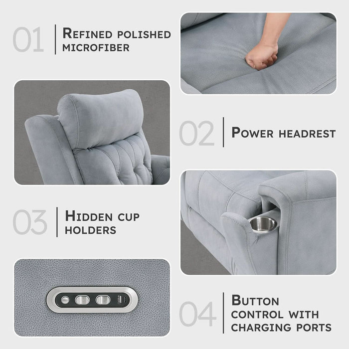 Wll Hugger Power Double Reclining Sof, Microfiber Home Theter Seting, Chrging Ports/Hidden Cup Holders/djustble Hedrest/Dimond Tufting, Power Recliner Couch for Living Room, Gry