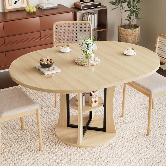 Extendable round Dining Table for 4-6-8, 43.3-59In Expandable Dining Table with Storage Shelf, Space Saving Circle Oval Kitchen Table with Leaf for Dining Room, Natural Oak