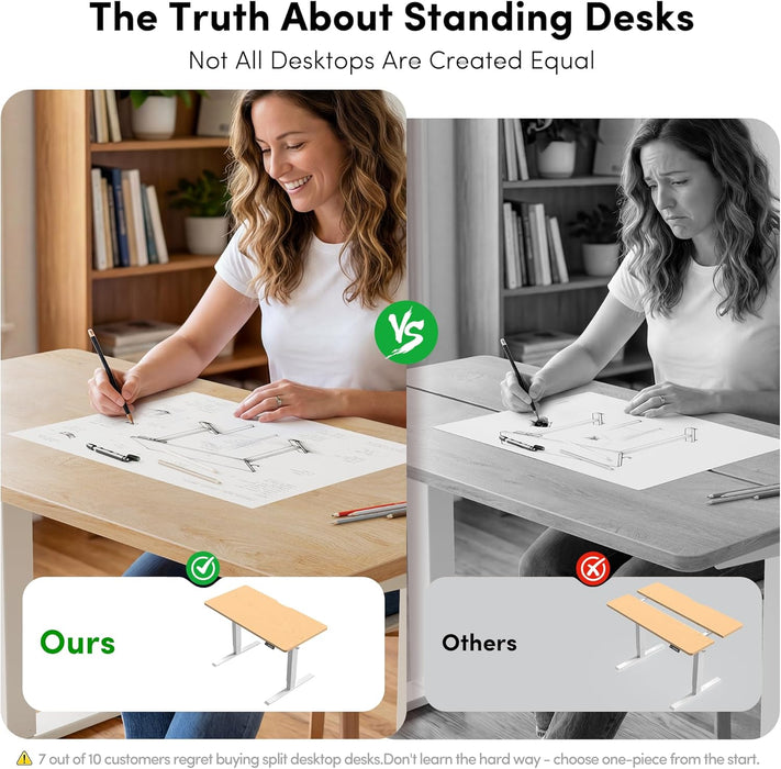 One-Piece Standing Desk, 48"X24" Seamless Tabletop Electric Height Adjustable for Home Office, Study Rooms & Multi-Device Workstations, Maple