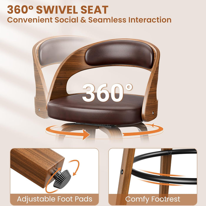 Bar Stools Set of 2, 26" Counter Height Barstools with Bentwood Legs, Swivel Counter Stools with Back, Mid Century Modern Faux Leather Upholstered Barstools for Kitchen Island, Brown