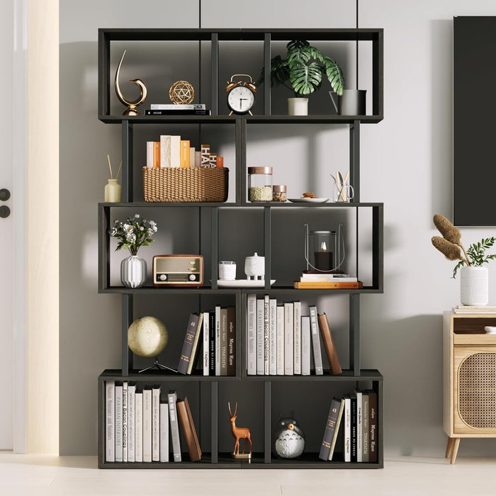 6 Tier Bookshelf Tall Geometric Bookcase, S-Shaped Industrial Display Standing Shelf, Metal and Wood Decorative Storage Room Divider Shelves for Bedroom, Living Room, Office, Light Black Oak