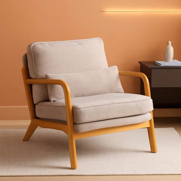 Mid Century Modern Accent Chair with Lumbar Pillow & Oak Arms – Plush Chenille Living Room Chair for Bedroom, Lounge (Khaki)