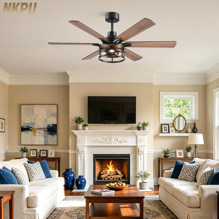 52 Inch Farmhouse Ceiling Fan with Light and Remote, Brown Industrial Caged Rustic Ceiling Fan with 6 Speed