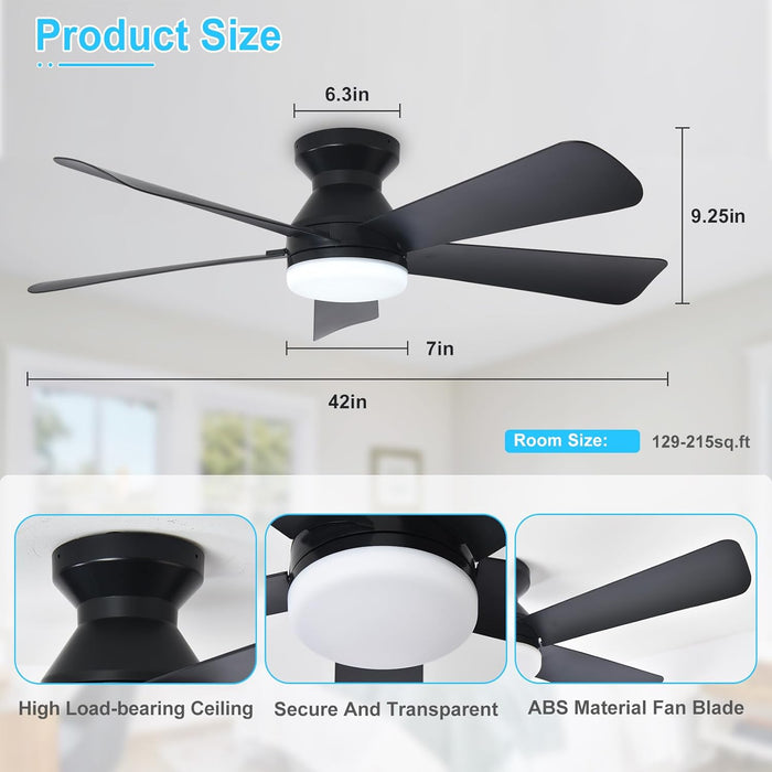 Modern Ceiling Fan with Light: 42-Inch Black Small Fans for Bedroom Indoor Outdoor - Dimmable Low Profile Ceiling Fans with Remote Control Flush Mount 5 Reversible Black Blades 6 Speeds Timer