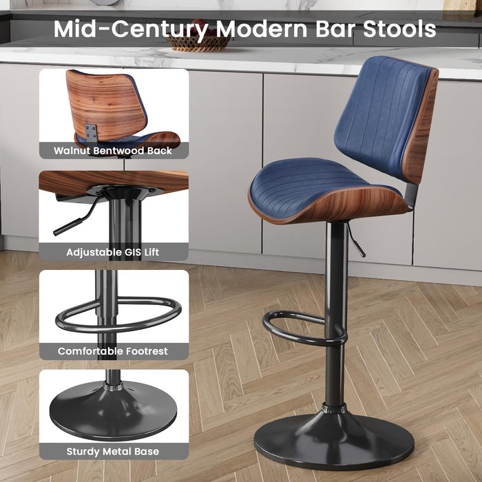 Swivel Bar Stools 2PCS, Adjustable Bentwood Barstools for Kitchen Counter | Modern PU Leather Upholstered Bar Chair with Back and Footrest, for Kitchen Island, Bar, Dining Room, Navy