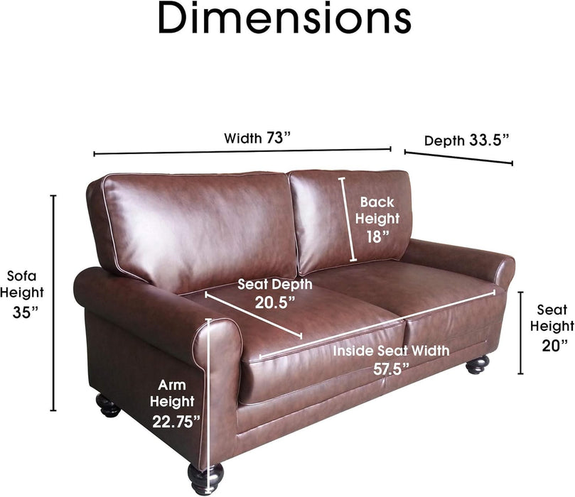 Copenhagen Rolled Arm, Durable Bonded Leather, Soft Pillow Back, Pocket Coil Seat Cushions, Loveseat or Couch for Small Spaces, Living Rooms or Bedrooms, 73" Sofa, Chestnut Brown