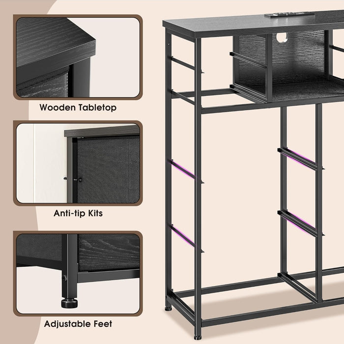 Black Dresser for Bedroom with LED Lights & Power Outlets 2 AC & 2 USB, Fabric 10 Drawer Dressers & Chest of Drawers with Open Shelves for Hallway Living Room Closet, Metal Frame, Wood Top